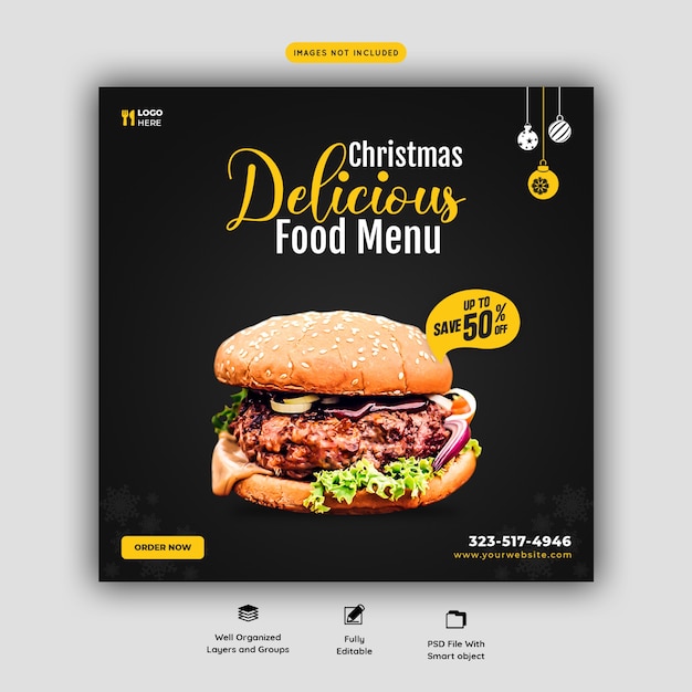 Merry christmas delicious burger and food menu social media banner template