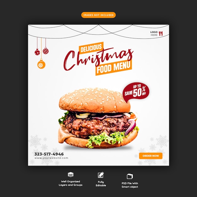 Merry christmas delicious burger and food menu social media banner template