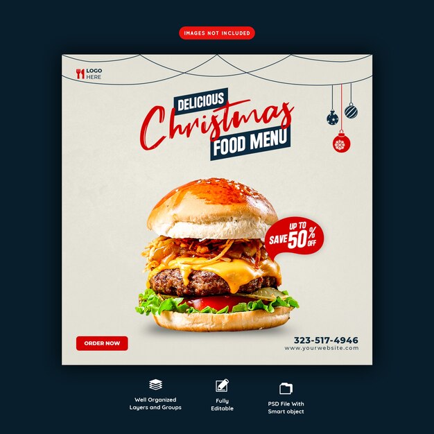 Merry christmas delicious burger and food menu social media banner template