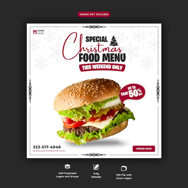 Merry christmas delicious burger and food menu social media banner template