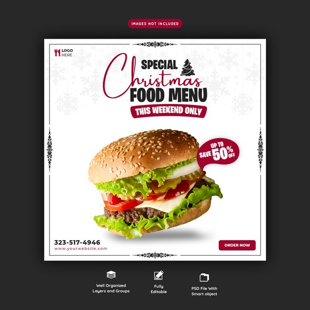 Merry christmas delicious burger and food menu social media banner template