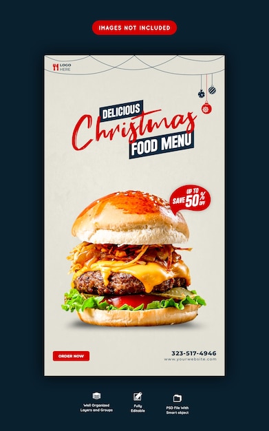 Merry christmas delicious burger and food menu social media story template