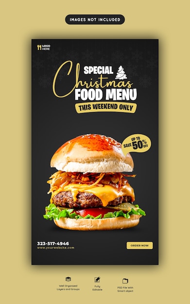 Merry christmas delicious burger and food menu social media story template