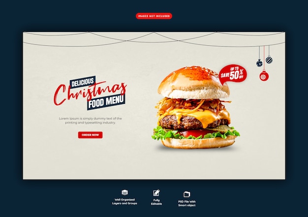 Merry christmas delicious burger and food menu web banner template