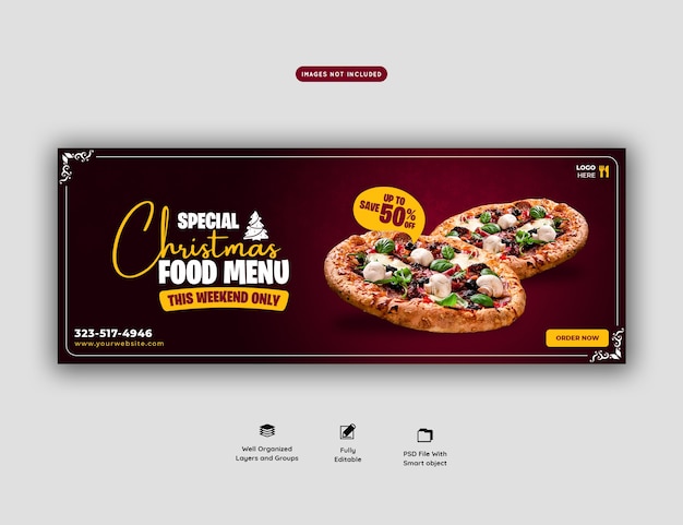 Merry christmas food menu and delicious pizza cover banner template