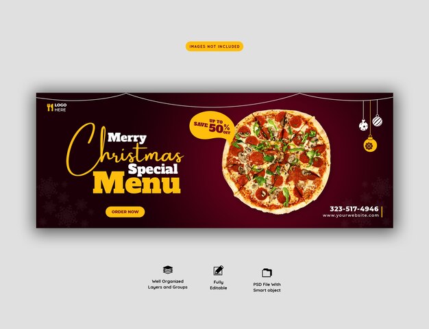 Merry christmas food menu and delicious pizza facebook cover banner template