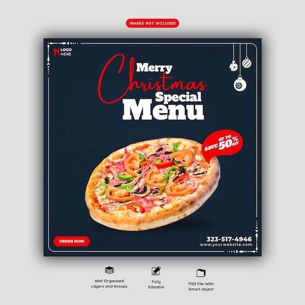 Merry christmas food menu and delicious pizza social media banner template