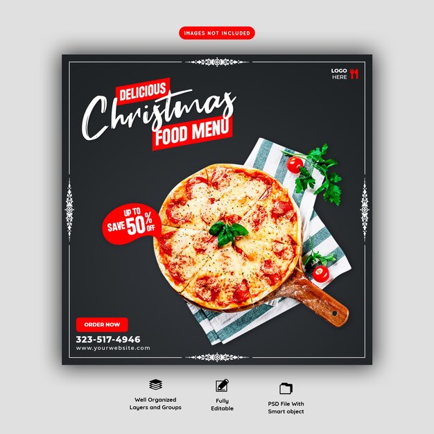 Merry christmas food menu and delicious pizza social media banner template