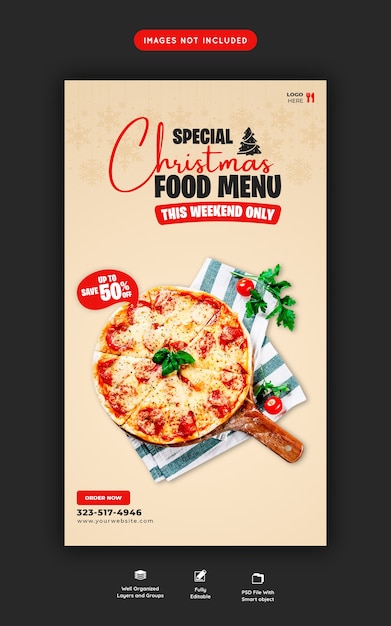 Merry christmas food menu and delicious pizza social media story template