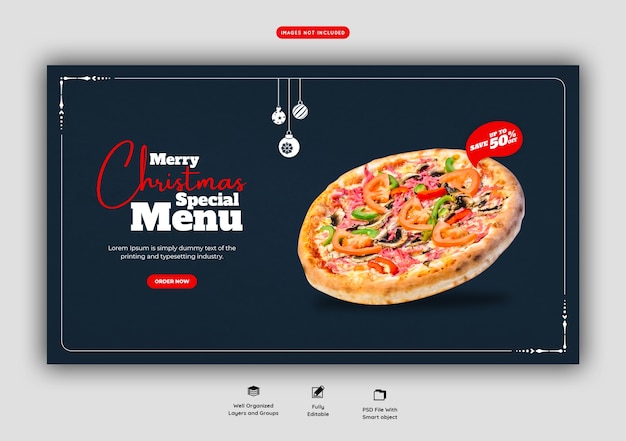 Merry christmas food menu and delicious pizza web banner template