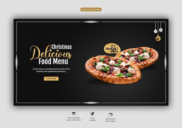 Free PSD merry christmas food menu and delicious pizza web banner template