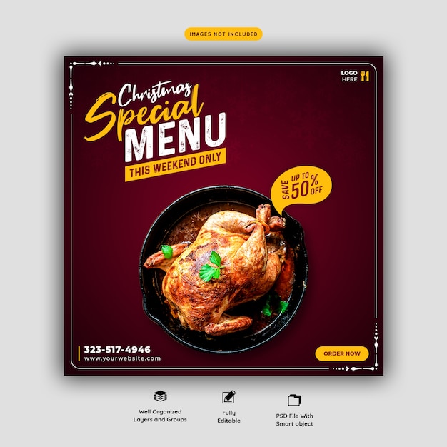 Merry christmas food menu and restaurant social media banner template