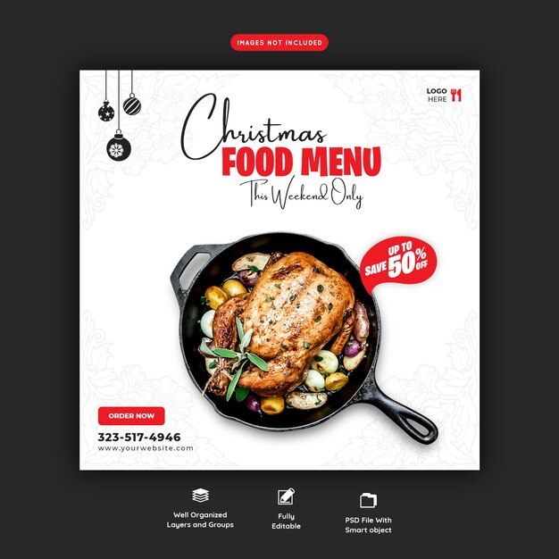 Merry christmas food menu and restaurant social media banner template