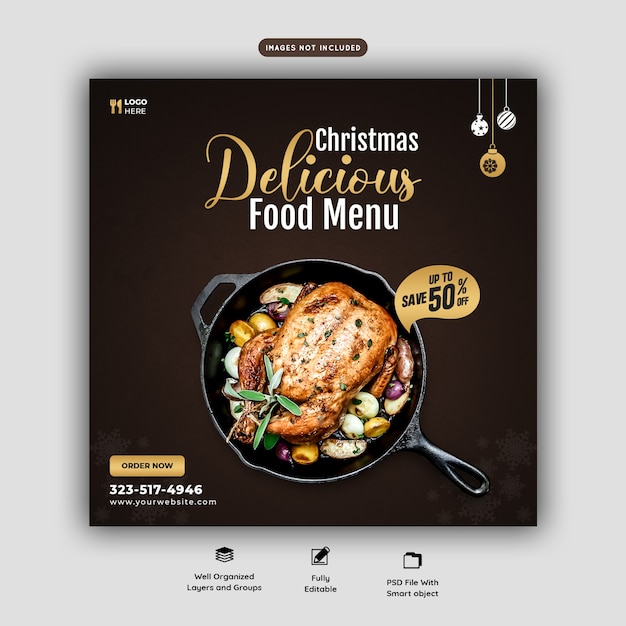 Merry christmas food menu and restaurant social media banner template