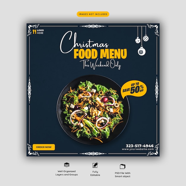 Merry christmas food menu and restaurant social media banner template