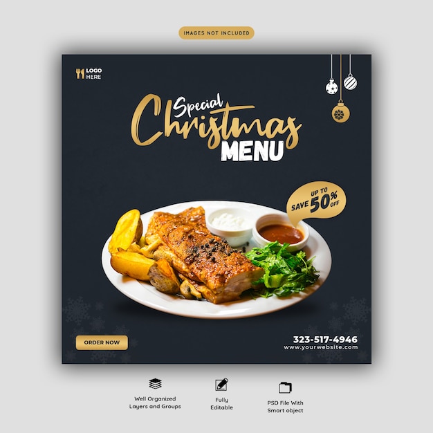 Merry christmas food menu and restaurant social media banner template