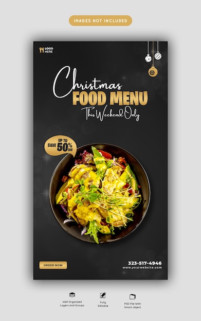 Merry christmas food menu and restaurant social media story template