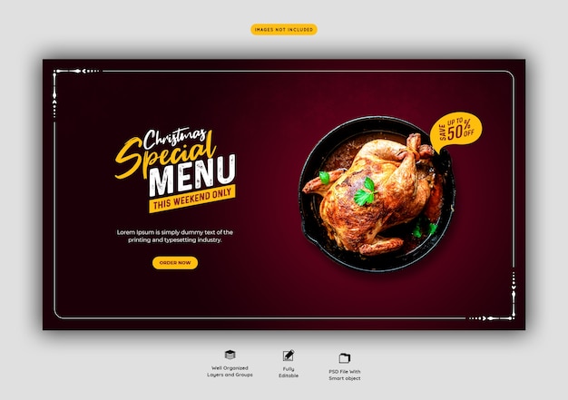 Merry christmas food menu and restaurant web banner template