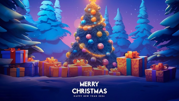 Free PSD merry christmas and happy new year background with christmas landscape