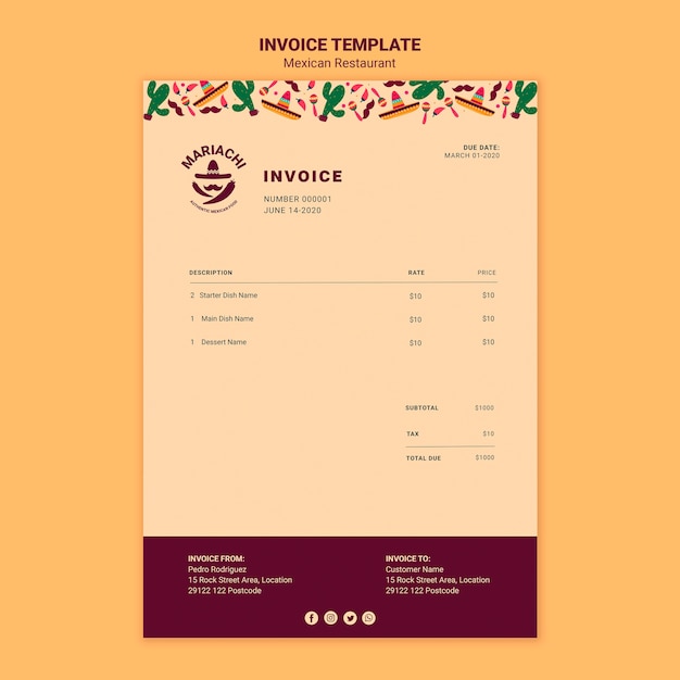 Mexican traditional dishes restaurant invoice template