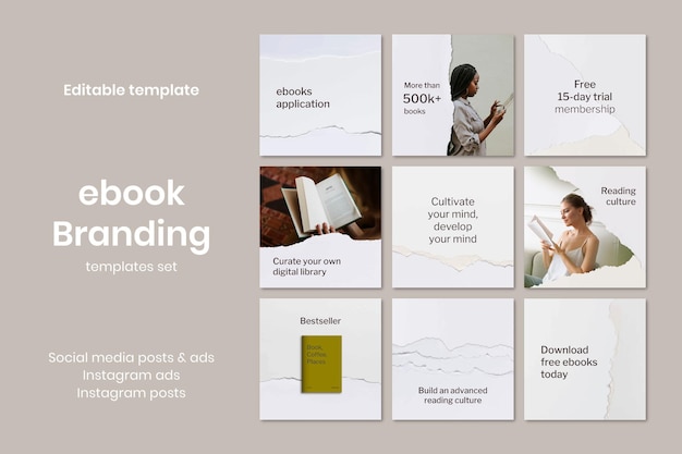 Minimal digital library template psd ripped paper craft social media ad