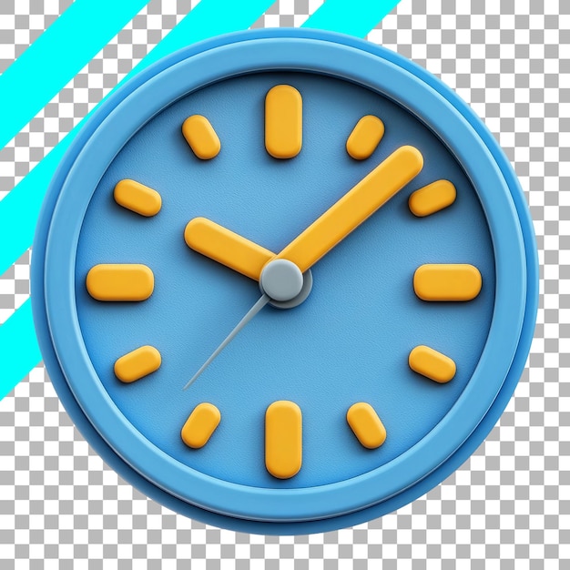 Free PSD minimalistic blue clock with yellow hands on transparent background