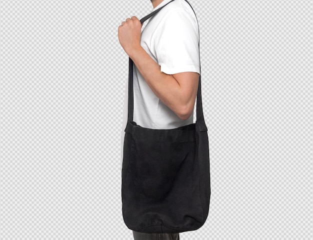 Free PSD model holding a black tote bag