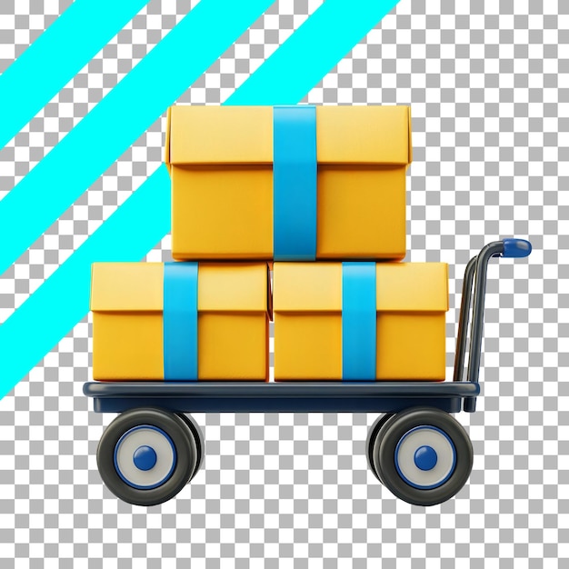 Modern delivery cart with piled yellow boxes and blue stripes background