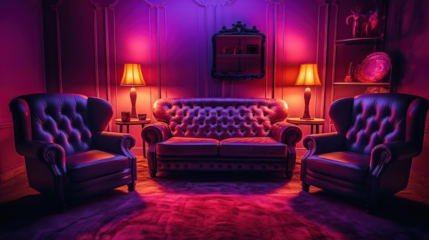 Free PSD modern room with violet light and red light illumination generative ai