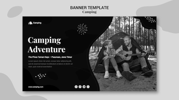 Monochrome horizontal banner template for camping with couple