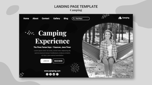 Free PSD monochrome landing page template for camping with woman