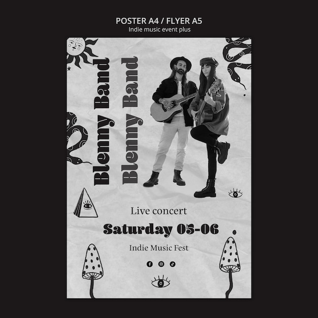 Monochrome vertical poster template for indie music event