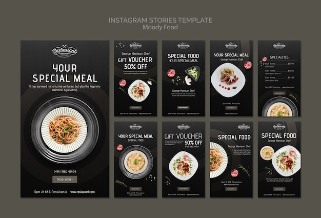 Free PSD moody food restaurant instagram stories template concept mock-up