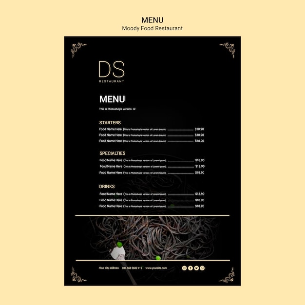 Free PSD moody food restaurant menu template with photo