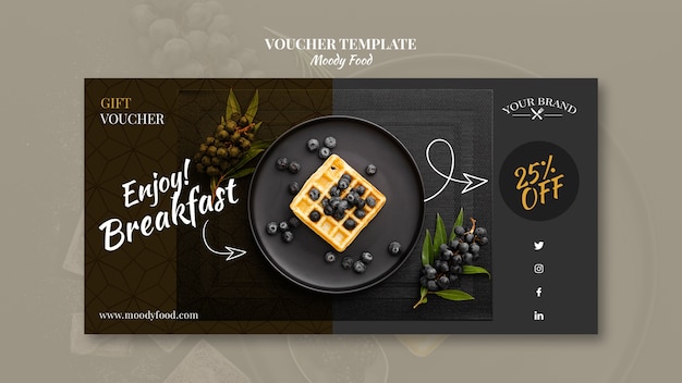 Moody food restaurant voucher template concept mock-up