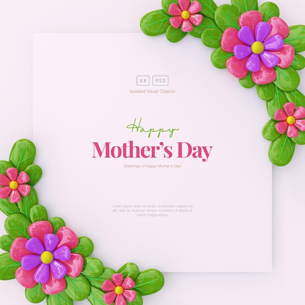 Free PSD mother's day greeting card floral background with decorative cute flowers and leaves