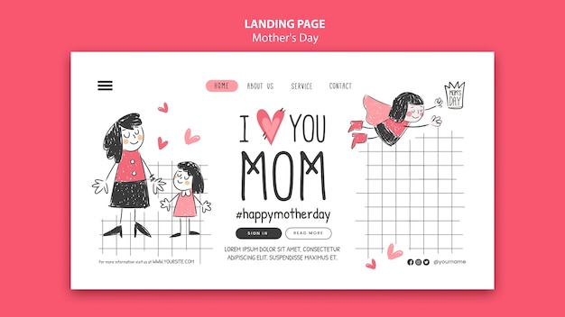 Free PSD mothers day doodle landing page design template