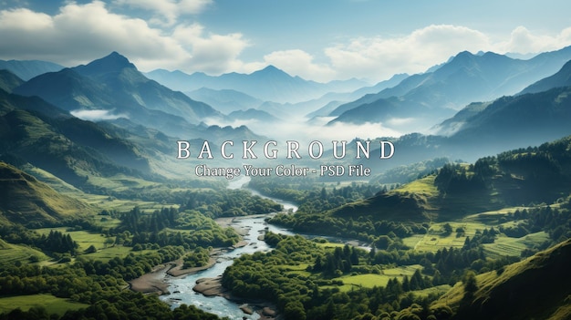 Free PSD mountain landscape with river and foggy valley in the morning