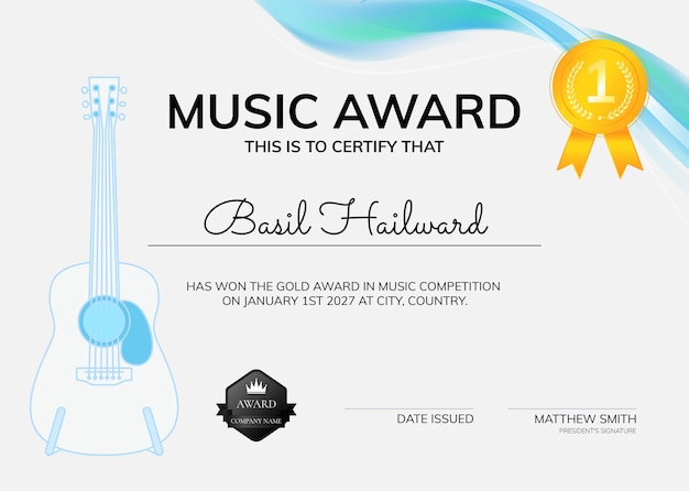 Music award certificate template psd with guitar illustration minimal design