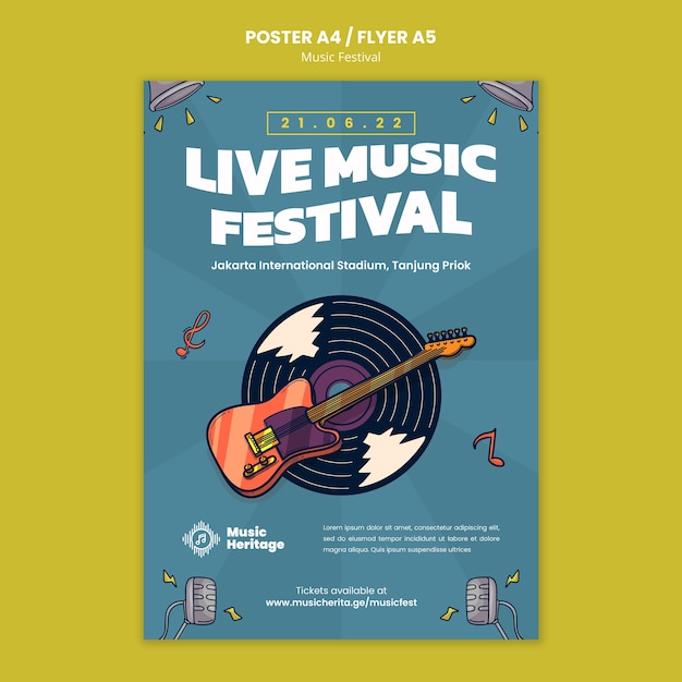 Free PSD music festival vertical poster template with hand drawn vinyl record and guitar