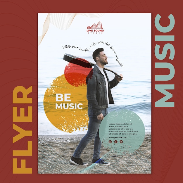 Music flyer template with photo of man holding a guitar