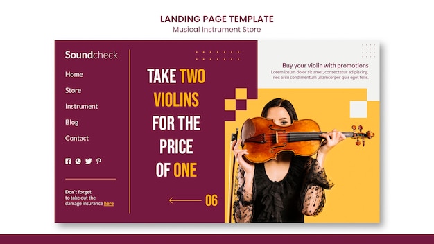 Free PSD music instrument concept landing page template