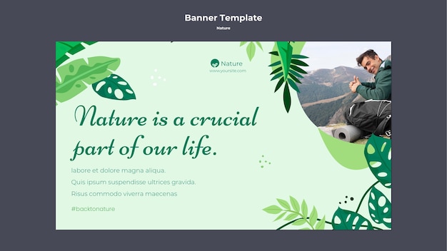 Free PSD nature adventure horizontal banner template with vegetation and leaves