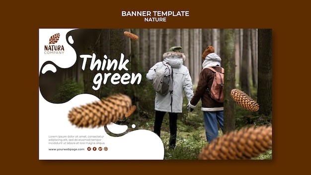 Nature adventure with couple and pine cones horizontal banner template