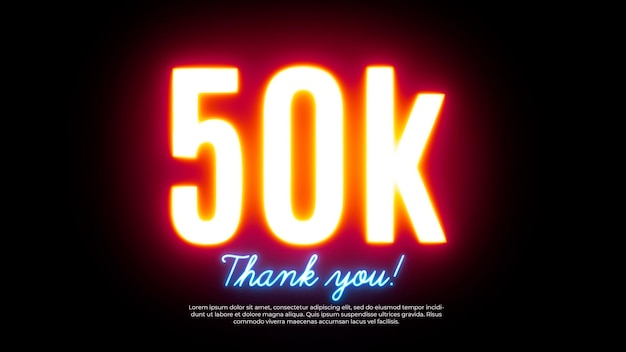 Free PSD neon banner for celebrating 50k followers on black brick wall