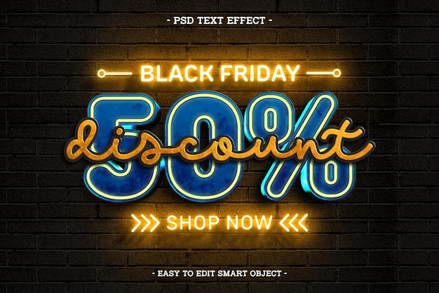 Free PSD neon black friday 50 sale editable text effect