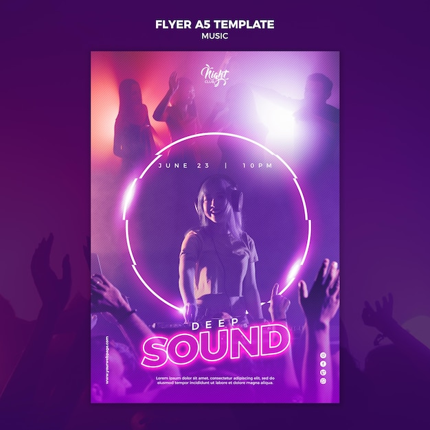 Neon flyer template for electronic music with female dj