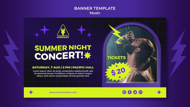 Free PSD neon horizontal banner template for summer night concert