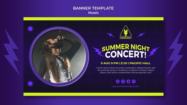 Neon horizontal banner template for summer night concert