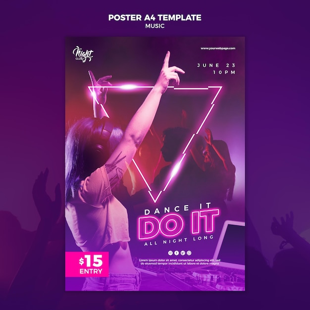 Free PSD neon vertical poster for electronic music with female dj